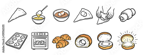 Set of hand-drawn illustrations showing the step-by-step recipe for baking homemade croissants with a sweet filling, from preparing the dough to the final golden pastry