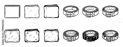 Hand-drawn black and white illustration set of men's leather wallets and belts in a sketch style, showing a progression from clean outlines to detailed, textured, and worn objects