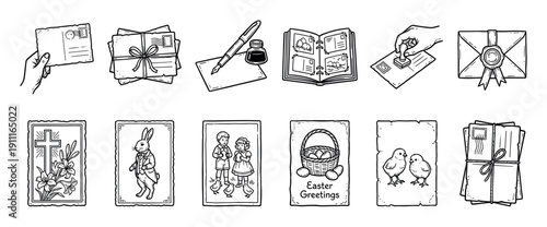 Set of hand-drawn vintage Easter illustrations featuring postcards, letters, a bunny, chicks, and religious symbols in a black and white sketch style for holiday greetings