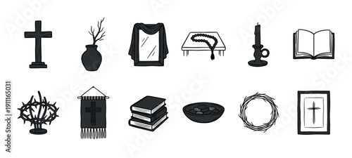 Collection of hand-drawn Christian religious icons representing faith, mourning, and Lent, including a cross, crown of thorns, bible, and candle in a monochrome sketch style