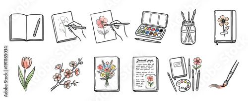 Charming set of hand-drawn art journaling illustrations featuring floral sketches, watercolor paints, notebooks, and creative hobby elements in a cute doodle style