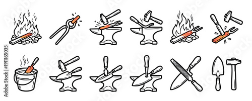 Set of blacksmithing and metalworking icons showing the forging process with tools like a hammer, anvil, tongs, and fire in a simple, bold line art illustration style