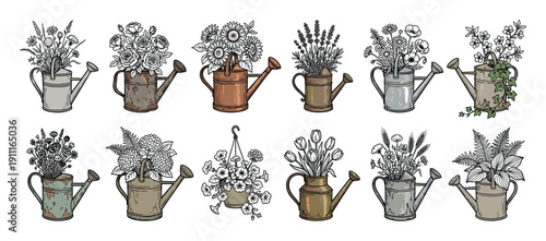 Collection of vintage hand-drawn watering cans filled with beautiful garden flower bouquets in a rustic, charming sketch illustration style