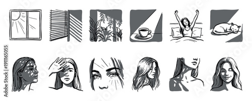 Set of hand-drawn monochrome sketches depicting a woman's peaceful morning routine with bright sunlight, a warm coffee, and a sleeping cat in a graphic storyboard style