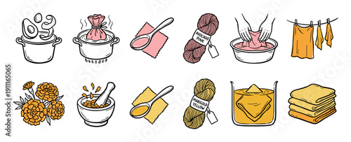 Natural fabric dyeing process illustrations set showing steps for making pink and yellow dye from avocado and marigold flowers in a hand-drawn doodle style