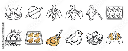 Hand-drawn doodle icons showing the step-by-step process of making homemade bird-shaped bread, including kneading, shaping, baking in a brick oven, and glazing the pastry