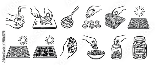 Black and white line art illustration set showing the step-by-step process of making homemade sun-dried tomatoes, from washing and slicing to drying and jarring for preservation