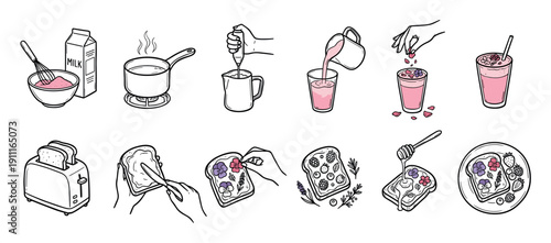 Hand drawn illustration set showing recipe steps for making a pink latte and artisanal toast with edible flowers, berries, and honey in a simple line art doodle style