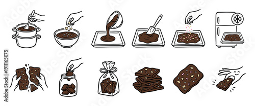 Set of hand-drawn illustrations showing the recipe and cooking steps for making homemade chocolate bark with nuts and toppings, from melting to packaging for a gift