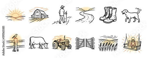 Set of hand-drawn countryside life icons depicting a barn, vintage tractor, farmer, grazing cow, and other rustic elements in a charming sketch illustration style