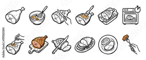 Cooking ham recipe instruction icon set showing the step-by-step process of preparing, glazing, roasting, and slicing a pork leg for a festive holiday dinner meal