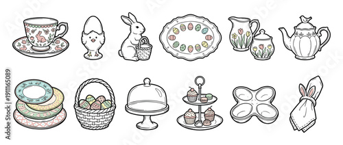 Collection of hand-drawn Easter illustrations featuring a bunny, chick, decorated eggs, teacup, plates, and dessert stand for a festive spring tea party celebration