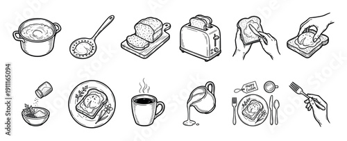 Hand-drawn breakfast food icons set with toast, fried egg, coffee, toaster, and kitchen utensils for cooking and serving, illustrated in a black and white vintage doodle style