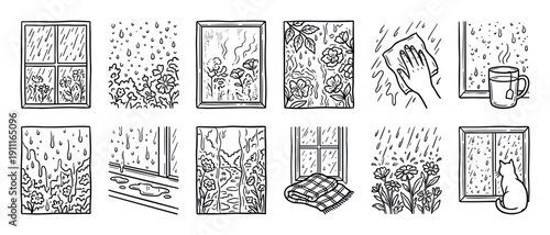 Set of hand-drawn rainy day illustrations showing cozy scenes like a cat at a window, flowers in the rain, and a warm mug of tea in a simple black and white line art style