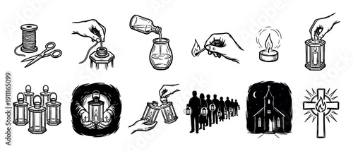 Set of hand-drawn religious illustrations showing the steps to make and light a candle lantern for a spiritual community procession to a church in a graphic woodcut style