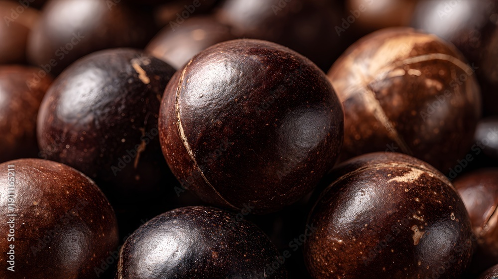 Obraz premium Smooth, round, dark brown spherical objects with natural imperfections, closely clustered together. The surface reflects light, adding a glossy texture, suggesting they are organic
