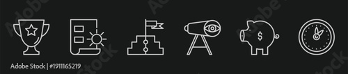 Business Success and Achievement Line Icon Set, Trophy Award, Financial Goal Planning, Piggy Bank Savings, and Corporate Vision Vector Illustrations for Professional Web Design
