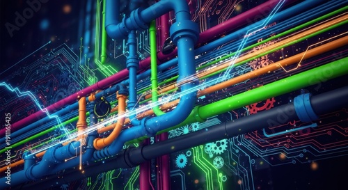 Abstract digital art of colorful pipes and circuits, futuristic infrastructure.