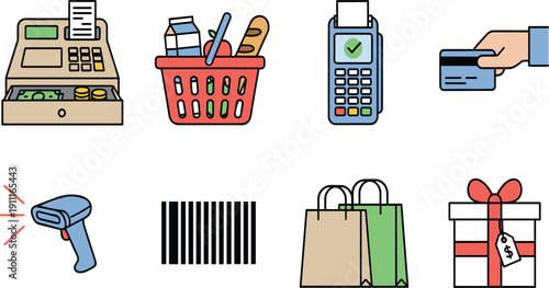 Shopping and retail flat vector icon set with cash register barcode scanner payment terminal grocery basket bags and gift