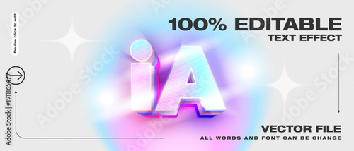 Fully editable neon gradient text effect. Iridescent colors with glow and halftone texture. Vector file for typography design, branding, posters, and social media graphics