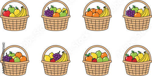 Wicker Basket with Assorted Fruits Flat Vector Set Isolated on White Background