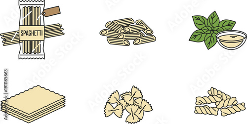 Various Pasta Types and Ingredients Flat Vector Set Isolated on White Background