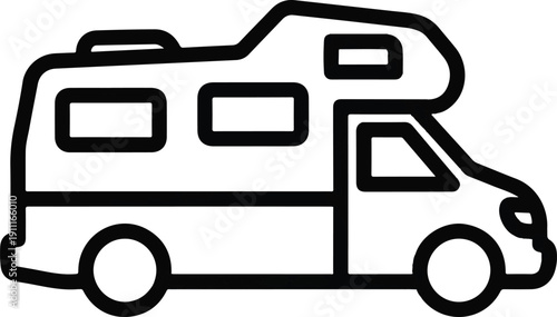 A simple line art illustration of a camper van viewed from the side