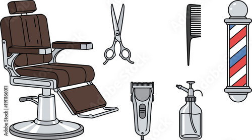 Barber shop equipment flat vector set with chair scissors clipper comb spray bottle and classic barber pole isolated