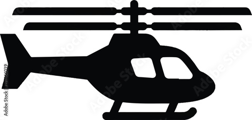 A black helicopter is viewed from the side, standing still on a white background, vector illustration