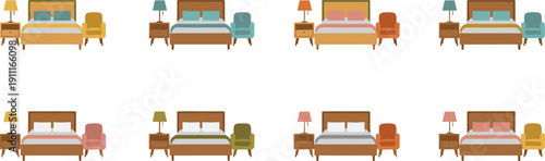 Bedroom Furniture and Interior Setup Flat Vector Set Isolated on White Background