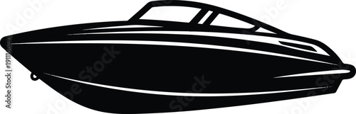 Speedboat sailing on calm waters, viewed from the side, showcasing sleek design and luxurious features in a vector illustration.