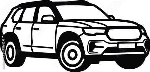 A black and white illustration of a modern SUV viewed from the front side on a plain background