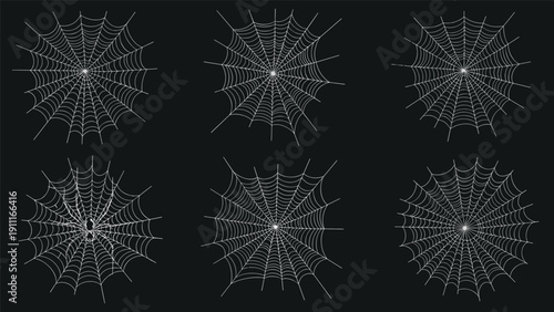 Six different intricate white spider web patterns isolated on a black background perfect for halloween or spooky design projects.