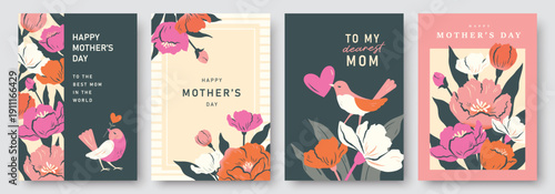 Set of Mother's Day greeting card, cover, poster, banner, vector illustration with beautiful blossom flowers.

