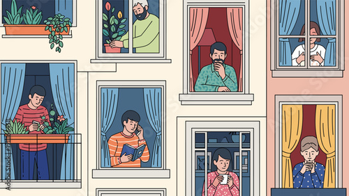 Vibrant illustration of city neighbors looking out of apartment windows or sitting on balconies of a residential building.