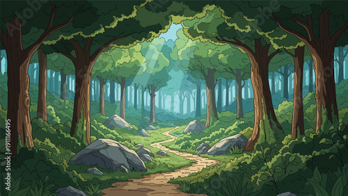 Beautiful forest landscape illustration with a winding path leading through tall green trees as sunlight filters through leaves.