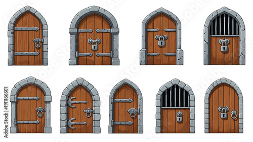 Set of diverse medieval wooden door designs with stone arches, iron hinges, and various locks or security bars for castles.
