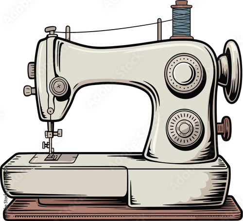 Vintage sewing machine with spool of thread on wooden tablevector illustration EPS PNG file