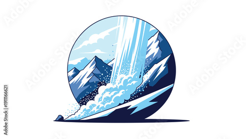 Dramatic circular illustration of a powerful white snow slide descending from jagged mountain tops against a blue background.