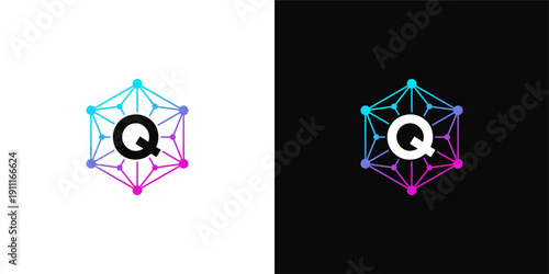 Quantum Computing Q Letter Logo Design in Hexagonal Shape with Network Connection and Gradient Colors on White and Black Backgrounds, representing technology and innovation