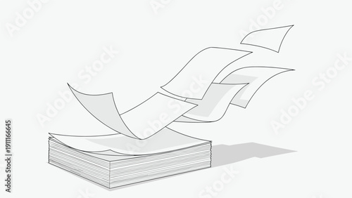 Minimalist line drawing of several blank sheets of paper flying away from a tall stack due to a gust of wind or chaos.