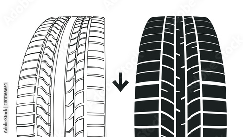 Black and white diagram comparing the tread depth and pattern of a new car tire with a dangerously worn out tire specimen.