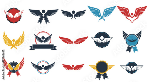 Extensive set of wing themed logo emblems and badges with various shapes, colors, and decorative ribbons for brand identity.