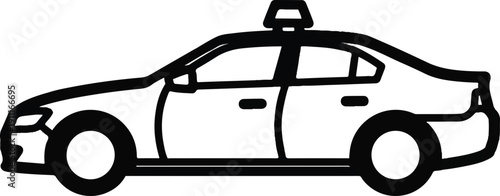A black and white illustration of a taxi cab viewed from the side, featuring a simple design and a prominent taxi light on its roof.