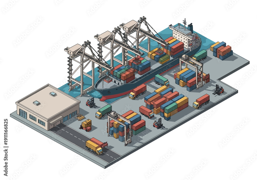 Obraz premium Isometric illustration of cargo ship unloading containers at a busy dock with cranes and trucks nearby
