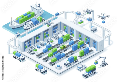 Automated industrial facility with robotic machinery and cargo ships in an isometric 3D illustration