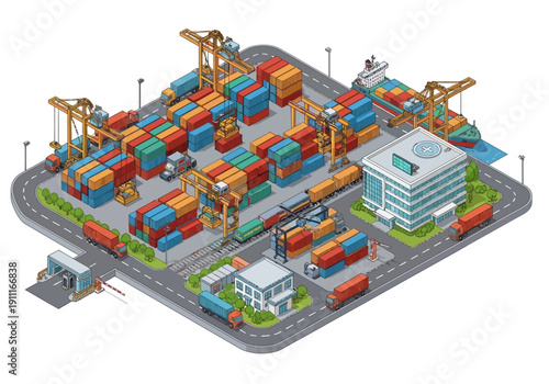 Isometric view of a bustling industrial shipping yard with containers and cranes