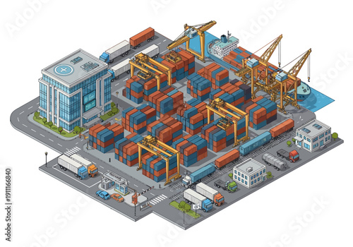Isometric illustration of an industrial facility with cranes, containers, and buildings viewed from above
