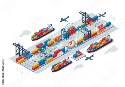 Logistics hub with cargo ships, trains, and cranes in an aerial view