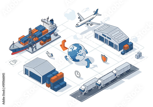 Global Logistics and Transportation Network Featuring Ship, Truck, Airplane, Warehouse, and Globe